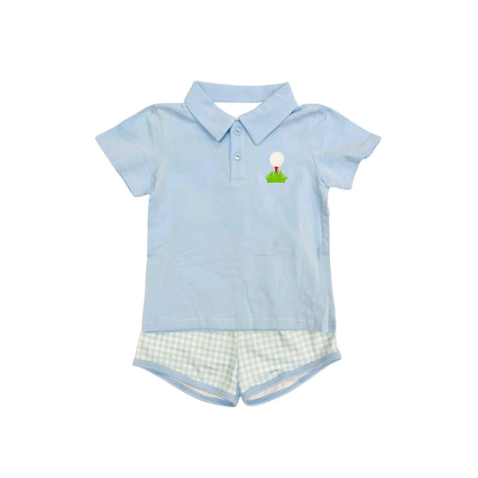 Baby Boys Light Blue Short Sleeves Button Golf Shirt Plaid Shorts Sets preorder