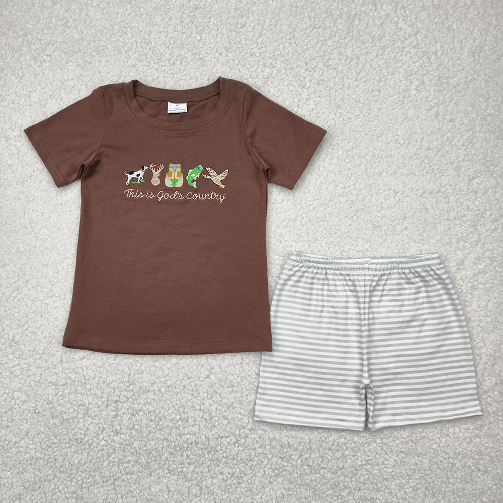 Embroidery Baby Boys Brown Gods Country Shirt Stripe Shorts Sets