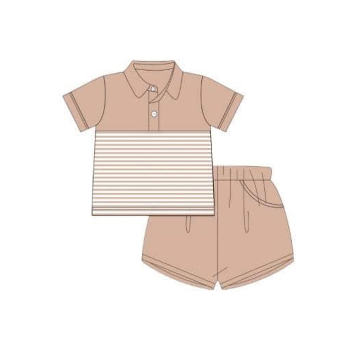 Baby Boys Khaki Short Sleeves Button Stripe Top Pockets Short Clothes Set Preorder