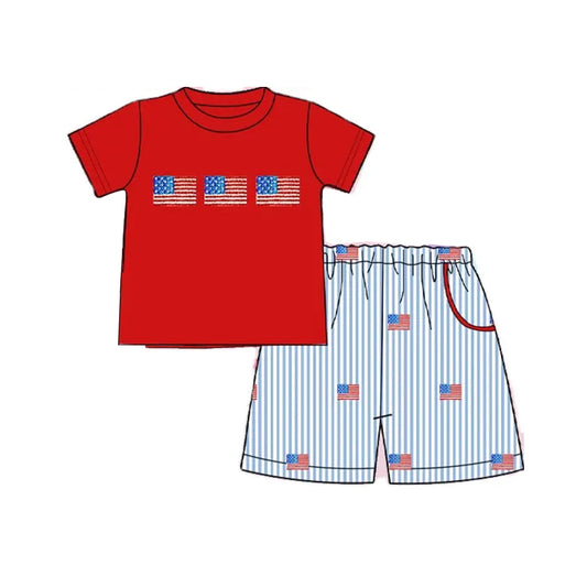 Preorder moq 5 Baby Boys Red Short Sleeves Flags Top Blue Stripe Pockets Short 4th Of July Set