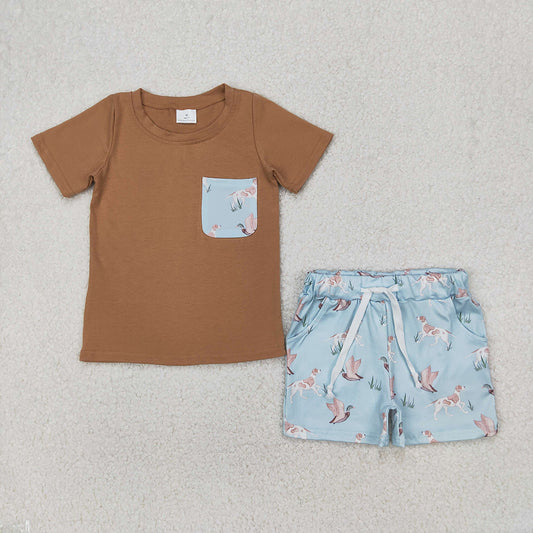 Baby Boys Khaki Pocket Top Ducks Dogs Shorts Clothes Set