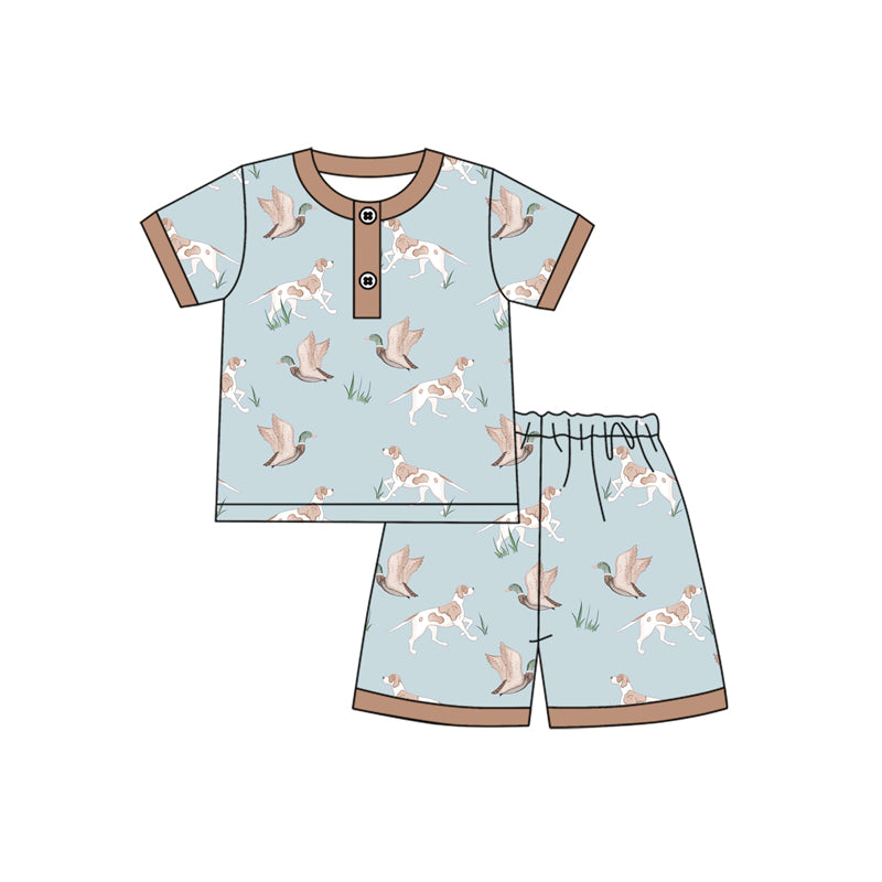 Baby Boys Blue Short Sleeves Ducks Dogs Button Top Short Pajamas Set Preorder