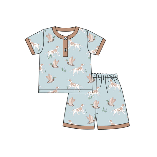 Baby Boys Blue Short Sleeves Ducks Dogs Button Top Short Pajamas Set Preorder