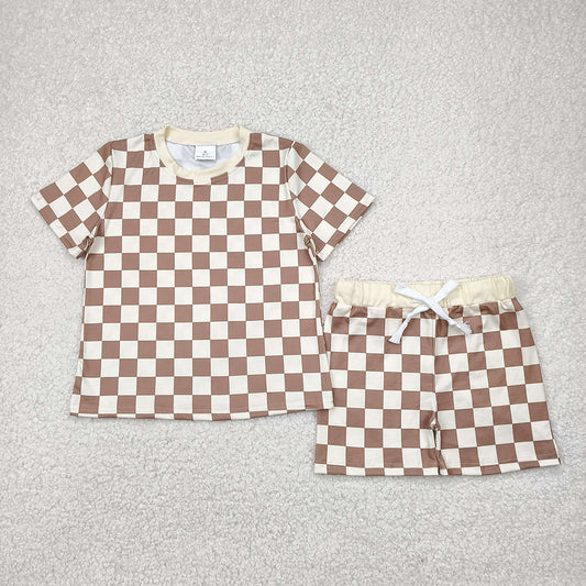 Baby Boys Khaki Plaid Short Sleeves Top Short Pajamas Sets