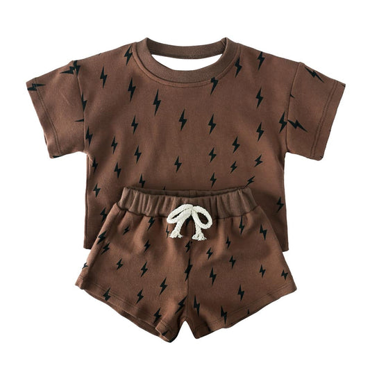 Preorder moq 5 Baby Boys Dark Brown Short Sleeves Lightning Top Short Pajamas Set