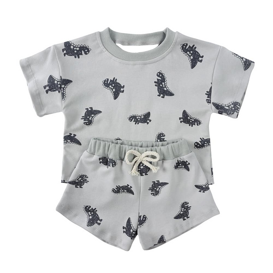 Baby Boys Gray Short Sleeves Dinosaurs Top Short Pajamas Set Preorder