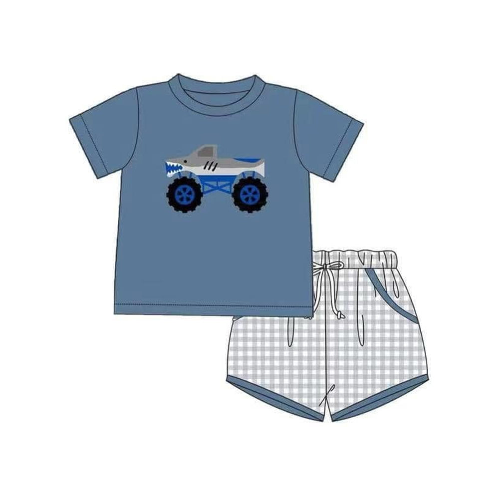 Preorder moq 5 Baby Boys Hot Blue Short Sleeves Shark Truck Top Gray Plaid Pockets Short Set