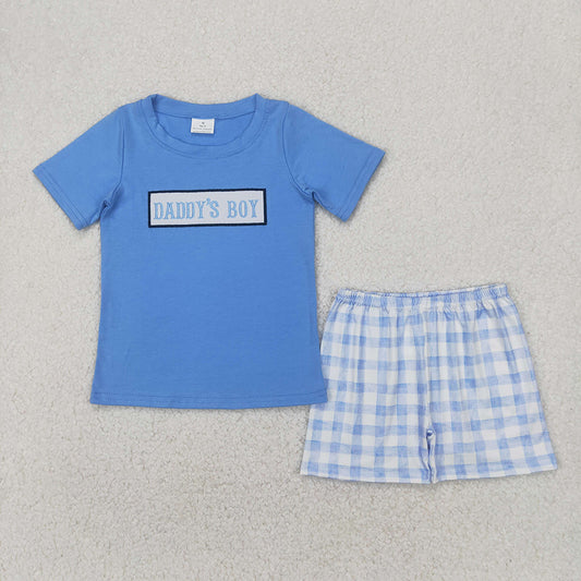 Embroidery Baby Boys Blue Short Sleeves DADDY'S BOY Top Plaid Shorts Sets