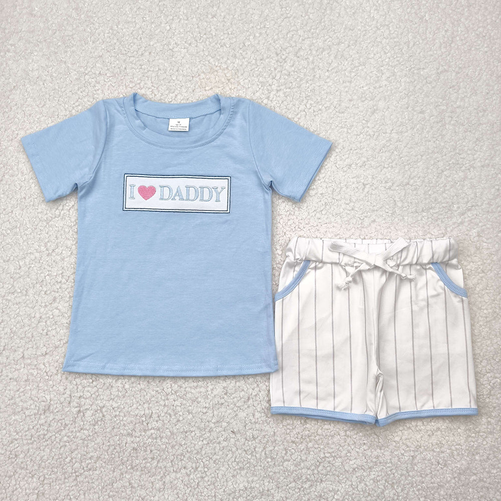 Embroidery Baby Boys I LOVE DADDY Top Stripe Pockets Shorts Sets