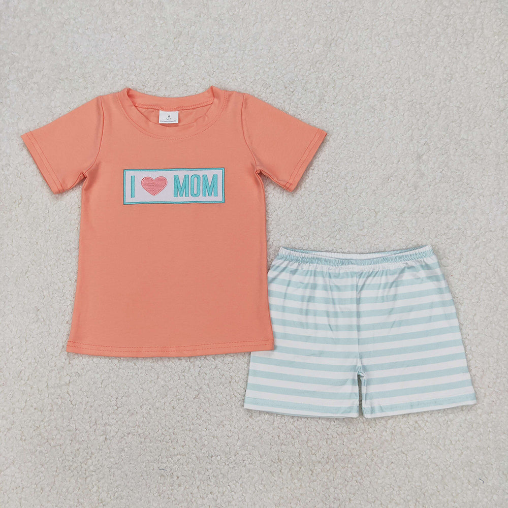 Embroidery Baby Boys Orange I LOVE MOM Top Stripe Shorts Sets