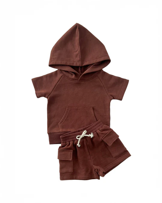 Baby Boys Brown Short Sleeves Pocket Hoodie Top Short Set Preorder