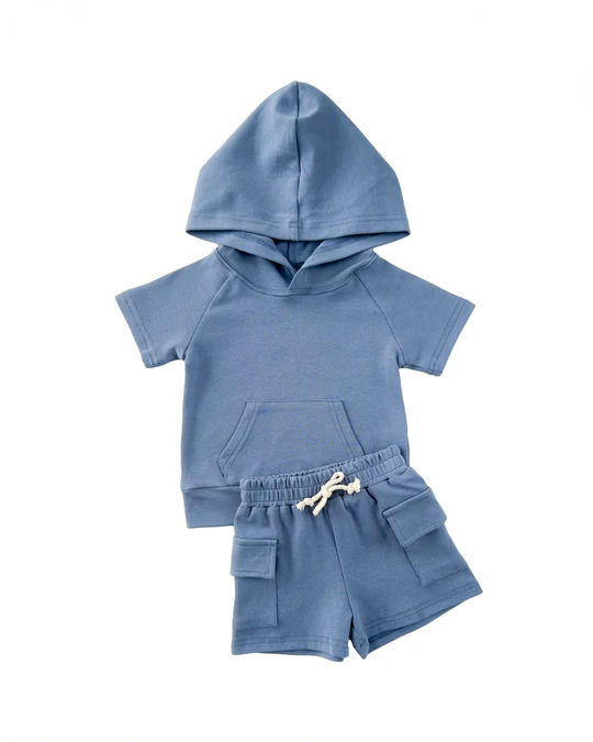 Baby Boys Blue Short Sleeves Pocket Hoodie Top Short Set Preorder