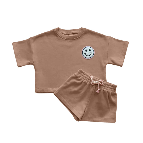 Preorder moq 5 Baby Boys Khaki Short Sleeves Smile Top Short Pajamas Set