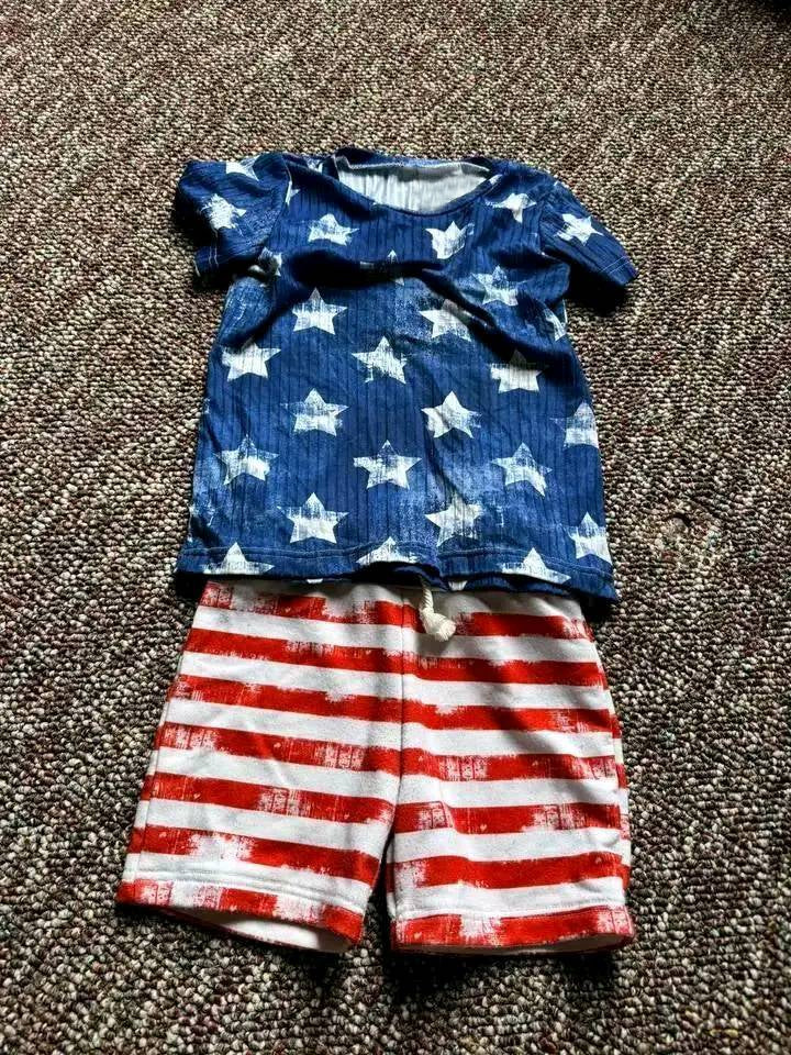 Baby Boys Hot Blue Short Sleeves Stars Top Red Stripe Short 4th Of July Set Preorder