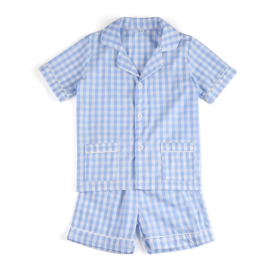 Baby Boys Blue Plaid Short Sleeves Button Pocket Top Short Pajamas Set Preorder