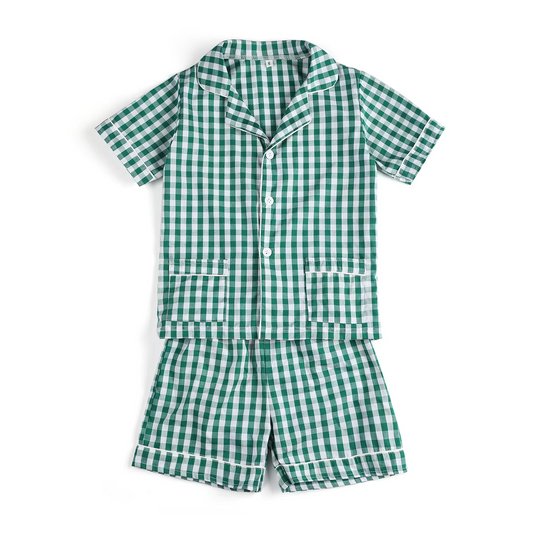 Baby Boys Green Plaid Short Sleeves Button Pocket Top Short Pajamas Set Preorder