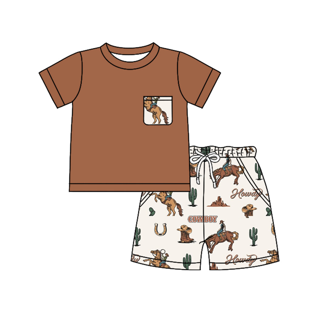 Baby Boys Brown Short Sleeves Pocket Top Horse Rodeo Cactus Short Set Preorder