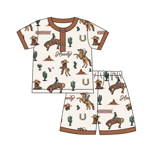 Preorder moq 5 Baby Boys Short Sleeves Button Horse Rodeo Cactus Top Short Pajamas Set