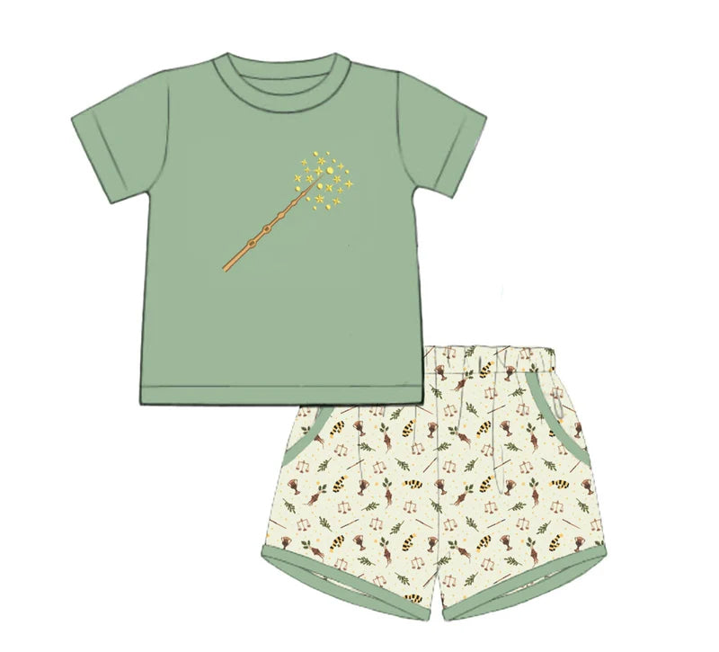Baby Boys Green Short Sleeves Magic Stick Top Pockets Short Set Preorder