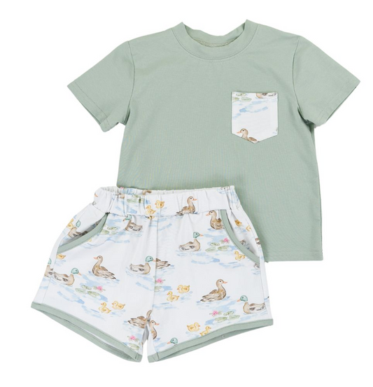 Preorder moq 5 Baby Boys Pocket Top Ducks Pockets Short Set