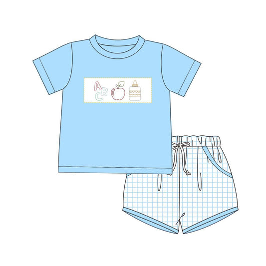 Baby Boys Apple Pencil Top Blue Plaid Pockets Short Set Preorder