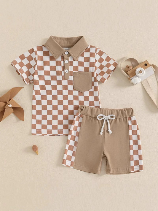 Baby Boys Khaki Plaid Button Pocket Top Short Set Preorder