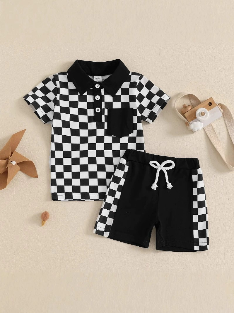 Baby Boys Black Plaid Button Pocket Top Short Set Preorder