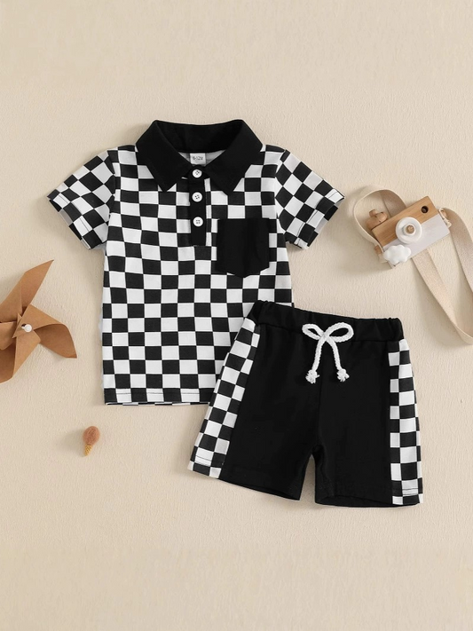 Baby Boys Black Plaid Button Pocket Top Short Set Preorder