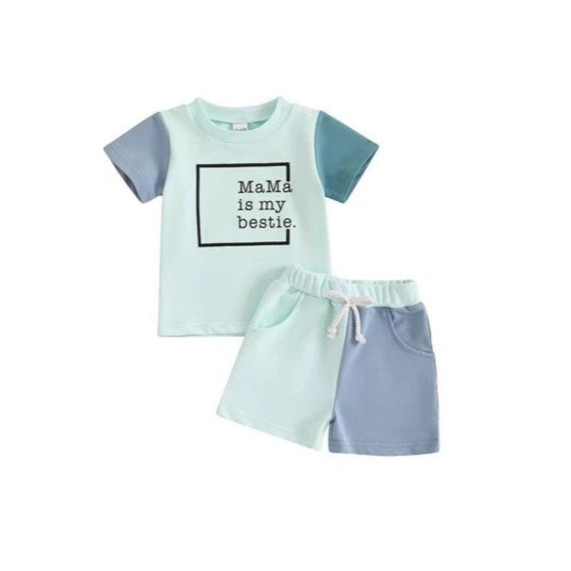 Preorder moq 5 Baby Boys Short Sleeves Mama Is My Bestie Top Pockets Short Set