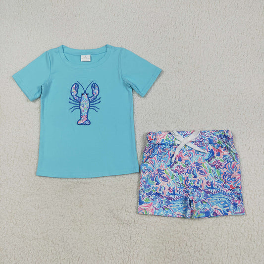 Embroidery Baby Boys Blue Crayfish Top Pockets Short Sets