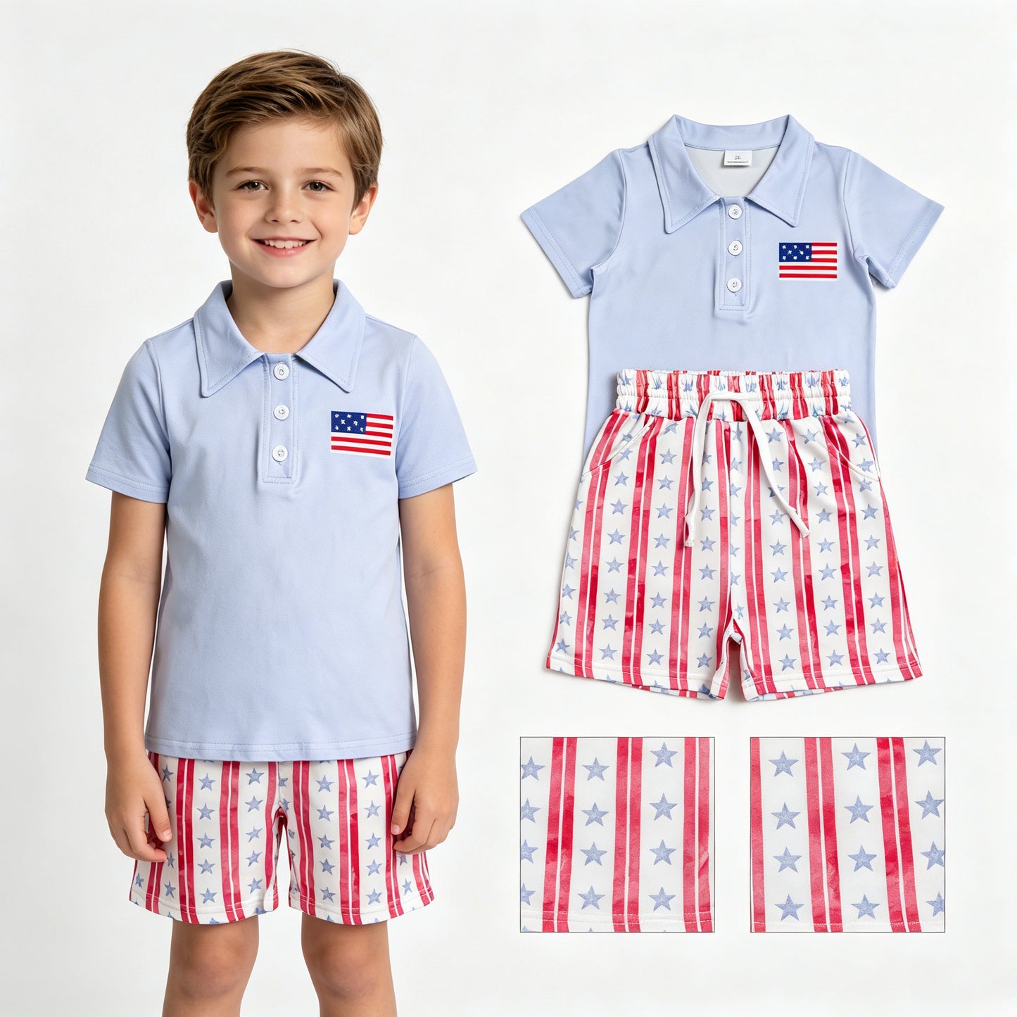 Baby Boys Flag Button Polo Shirt Top Pockets Stripe Short 4th Of July Clothes Set