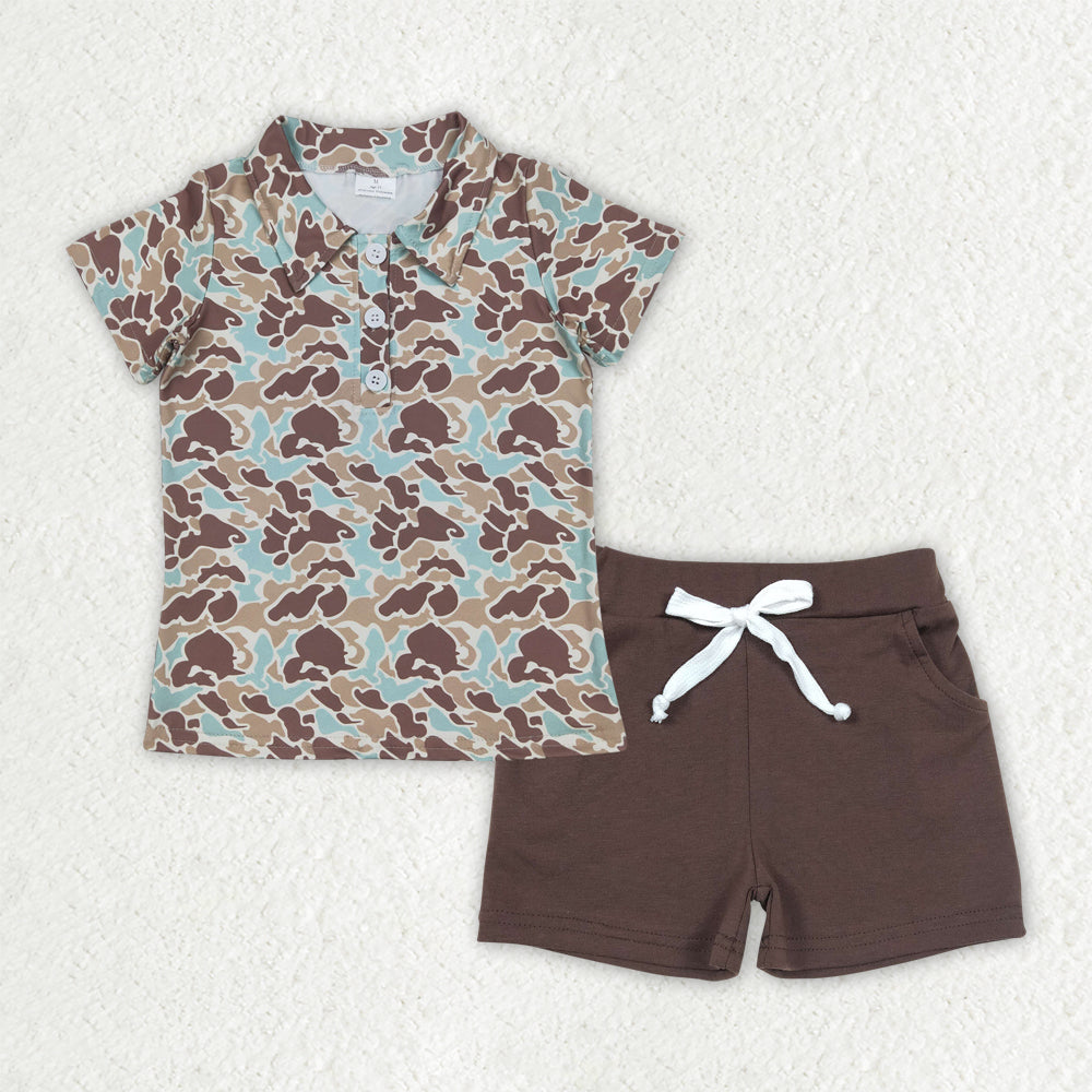 Sibling Baby Boys Camo Dog Print Button Shirts Pockets Short Western Set