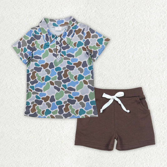 Baby Boys Blue Camouflage Button Pullover Top Pockets Shorts Sets