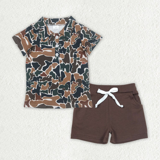 Baby Boys Brown Camouflage Button Pullover Top Pockets Shorts Sets