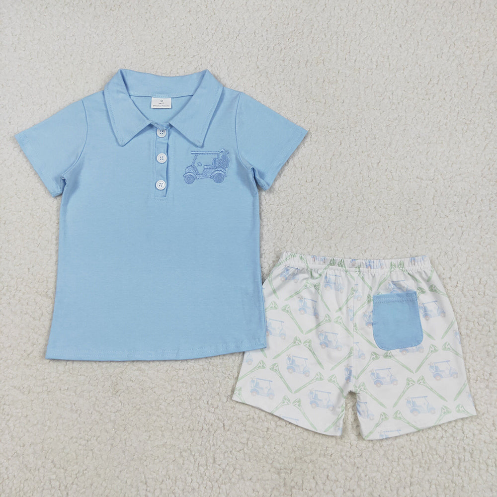 Embroidery Baby Boys Blue Short Sleeves Button Golf Top Pocket Shorts Sets