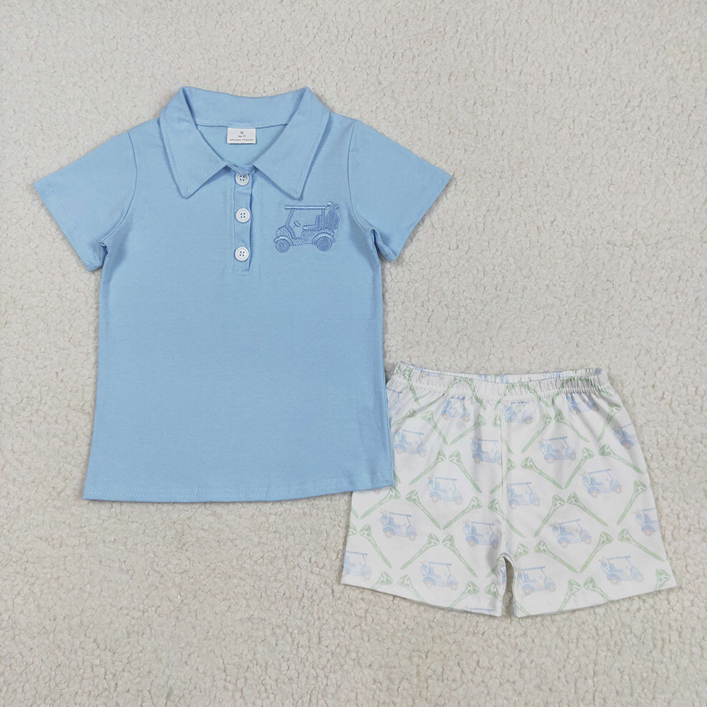 Embroidery Baby Boys Blue Short Sleeves Button Golf Top Pocket Shorts Sets