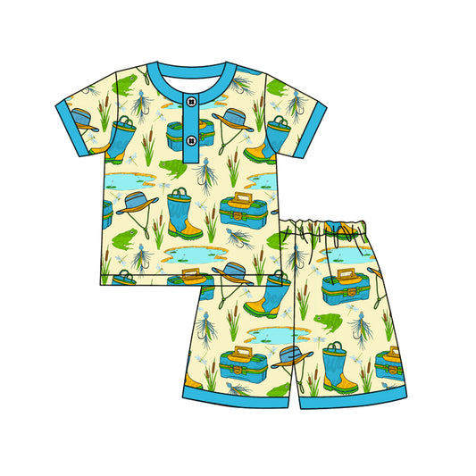 Baby Boys Blue Short Sleeves Button Fishing Top Short Pajamas Set Preorder
