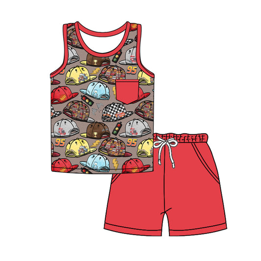 Preorder moq 5 Baby Boys Red Sleeveless Cartoon Hats Pocket Top Pockets Short Set