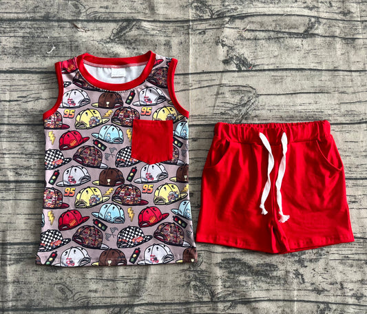 Preorder moq 5 Baby Boys Red Sleeveless Cartoon Hats Pocket Top Pockets Short Set