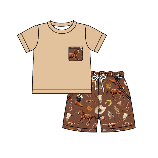 Baby Boys Khaki Short Sleeves Pocket Top Boots Horse Short Set Preorder