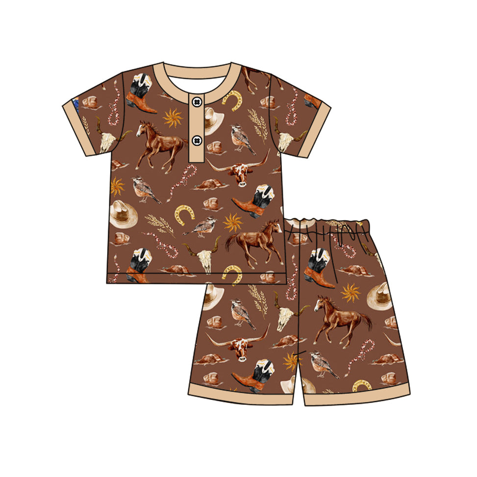 Baby Boys Brown Short Sleeves Button Hats Horse Top Short Pajamas Set Preorder