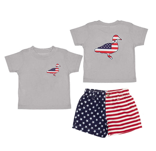 Baby Boys Gray Short Sleeves Flag Duck Top Pockets Short 4th Of July Set Preorder