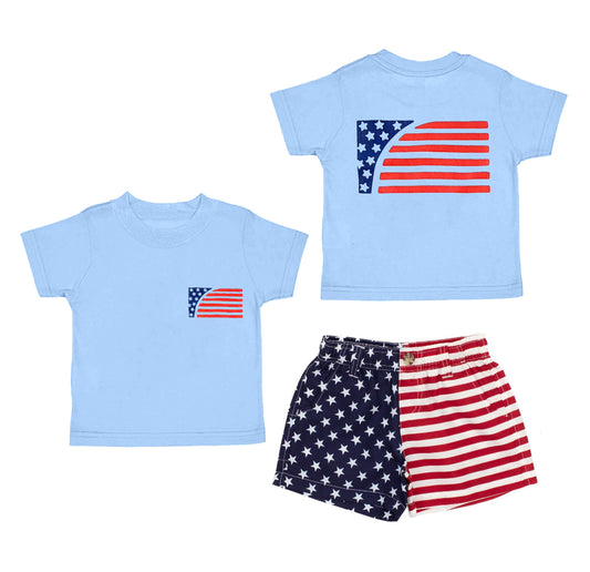 Baby Boys Blue Short Sleeves Flag Top Pockets Short 4th Of July Set Preorder