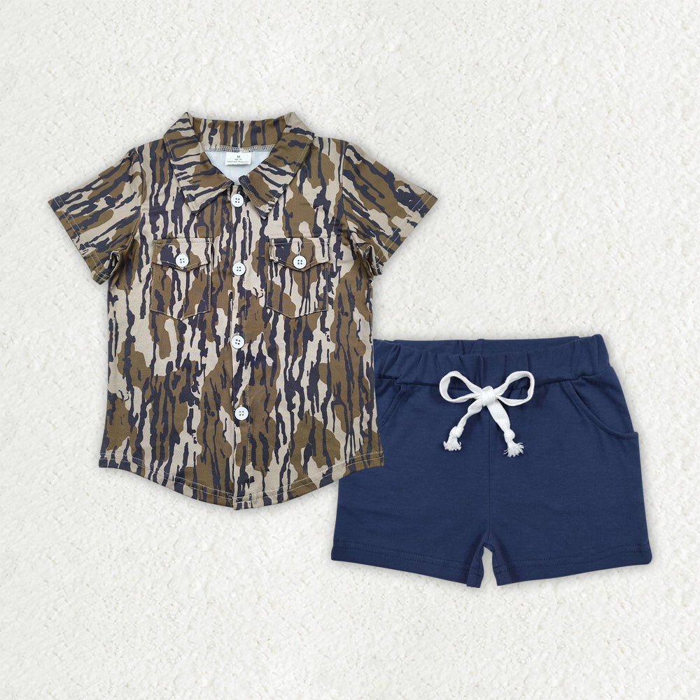 Baby Boys Bottomland Camo Button Pockets Shirts Top Navy Cotton Shorts Sets
