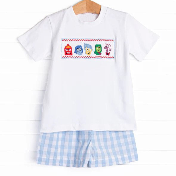 Baby Boys Short Sleeves Cartoon Dolls Top Blue Plaid Short Set Preorder