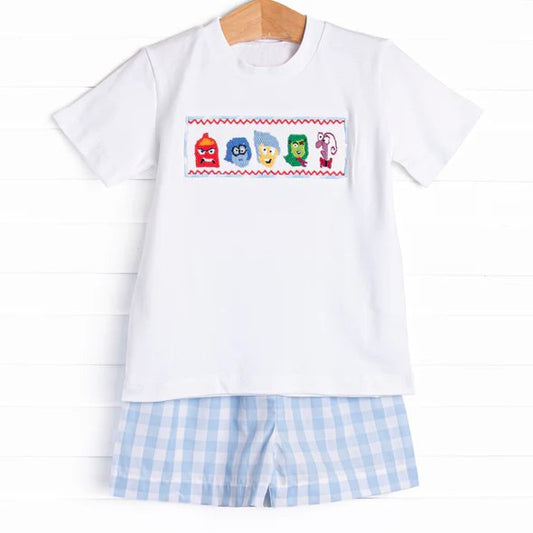 Baby Boys Short Sleeves Cartoon Dolls Top Blue Plaid Short Set Preorder