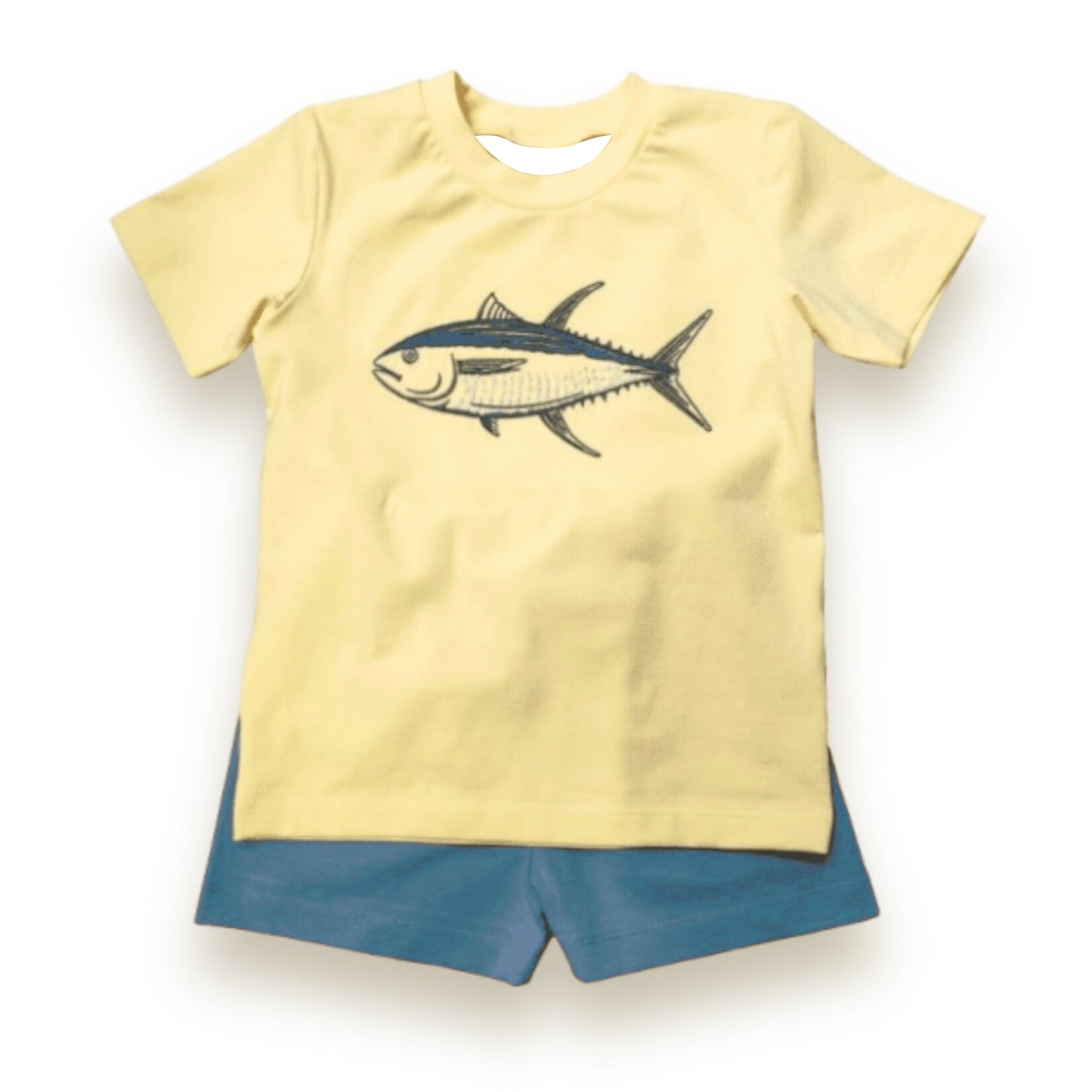 Preorder moq 5 Baby Boys Yellow Short Sleeves Sharks Top Blue Short Set