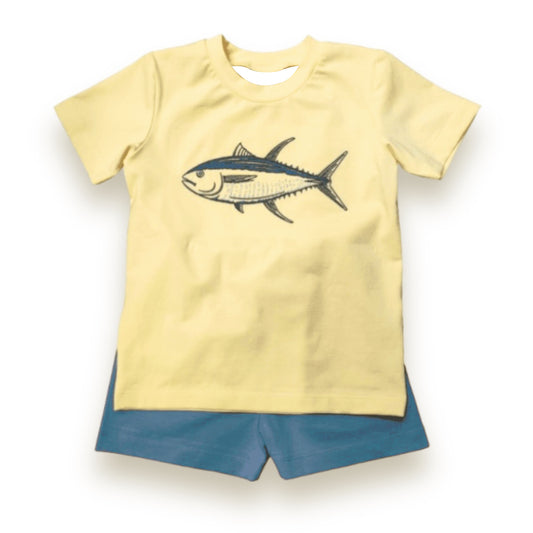 Preorder moq 5 Baby Boys Yellow Short Sleeves Sharks Top Blue Short Set
