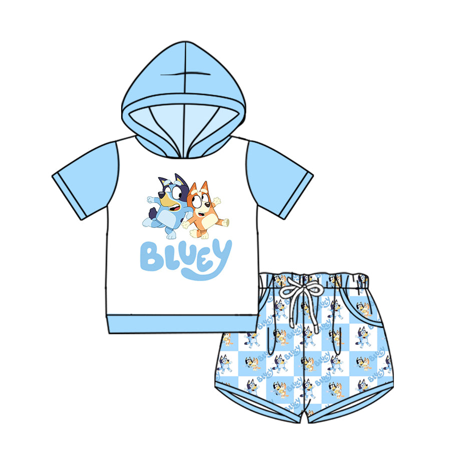 Preorder moq 5 Baby Boys Blue Short Sleeves Cartoon Dogs Hoodies Top Pockets Short Set