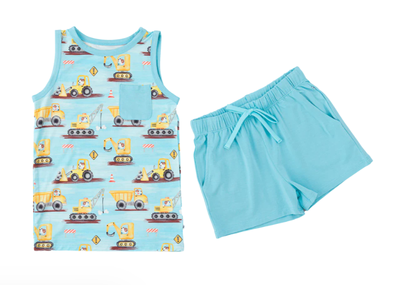 Baby Boys Blue Sleeveless Excavators Pockets Top Pockets Short Set Preorder